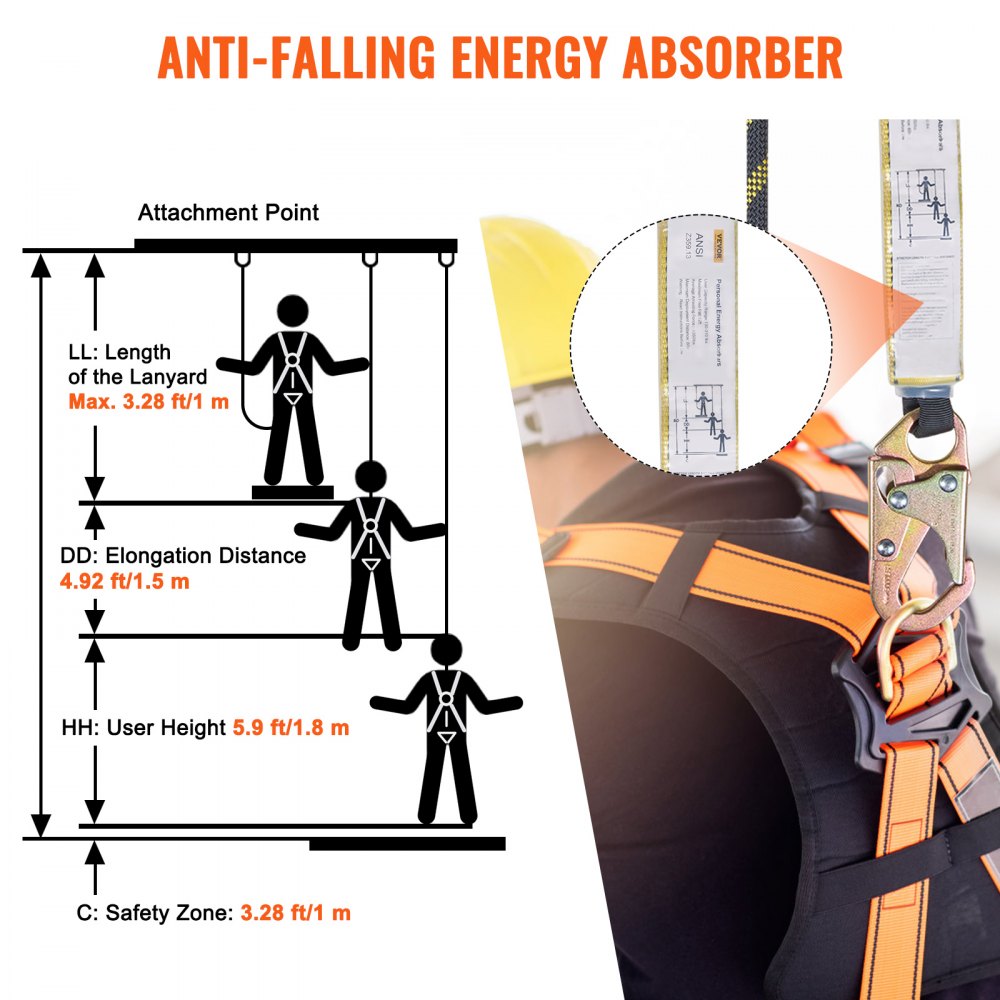 VEVOR Vertical Lifeline Assembly, 0.55'' x 25' Fall Protection Rope with 30 KN Breaking Tension, Polyester Roofing Rope with Steel Snap Hooks, Rope Grab, and Shock Absorber, ANSI Compliant