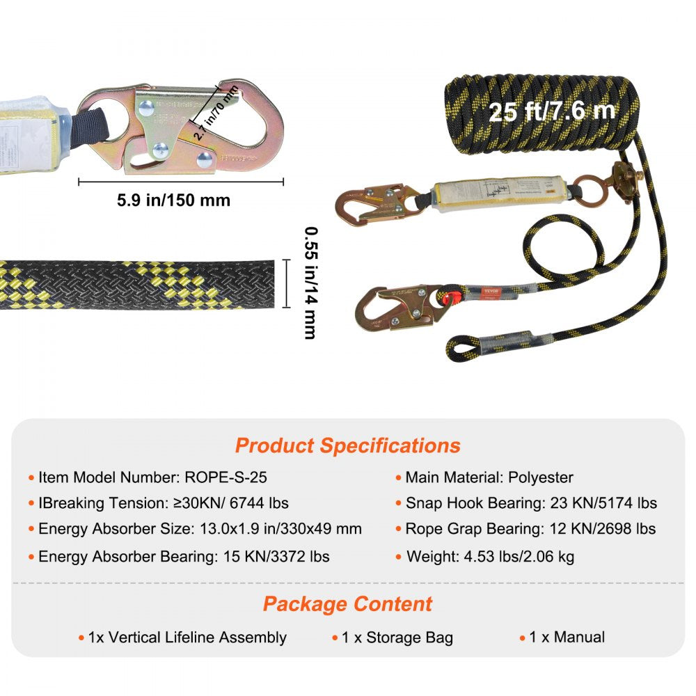 VEVOR Vertical Lifeline Assembly, 0.55'' x 25' Fall Protection Rope with 30 KN Breaking Tension, Polyester Roofing Rope with Steel Snap Hooks, Rope Grab, and Shock Absorber, ANSI Compliant
