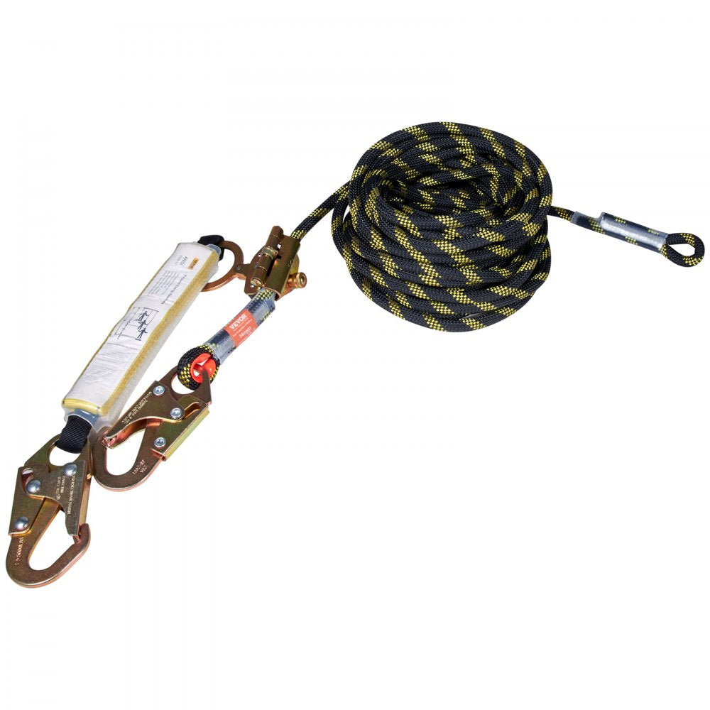 VEVOR Vertical Lifeline Assembly, 0.55'' x 25' Fall Protection Rope with 30 KN Breaking Tension, Polyester Roofing Rope with Steel Snap Hooks, Rope Grab, and Shock Absorber, ANSI Compliant