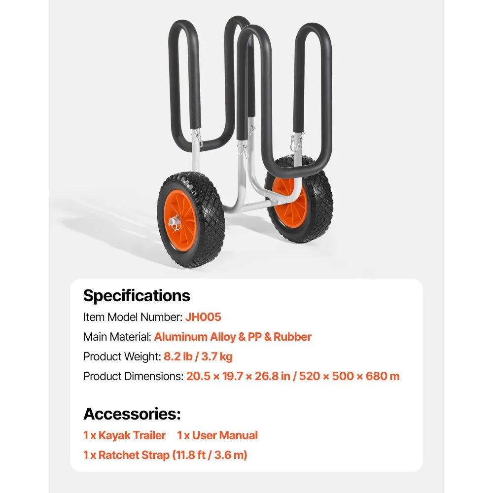 VEVOR Kayak Cart, 150 lbs Load Capacity, Stand Up Paddle Board Trolley with 10-inch Solid Rubber Tires & Kickstands, Paddle Board Carrier with Ratchet Strap for Paddleboard & Surfboard Transport