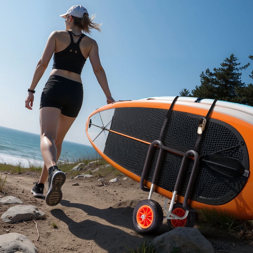VEVOR Kayak Cart, 150 lbs Load Capacity, Stand Up Paddle Board Trolley with 10-inch Solid Rubber Tires & Kickstands, Paddle Board Carrier with Ratchet Strap for Paddleboard & Surfboard Transport