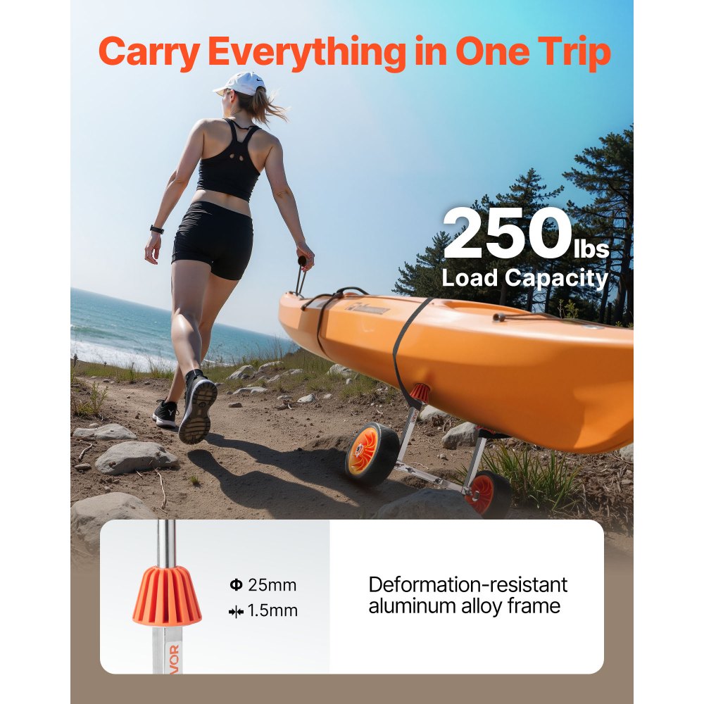 VEVOR Kayak Cart, 250 lbs Load Capacity, Canoe Cart Dolly with 7.5-inch Solid Rubber Tires & Kickstand, Assembles & Disassembles Within Seconds, Paddle Board Trolley for Kayaks, Canoes, Paddleboards