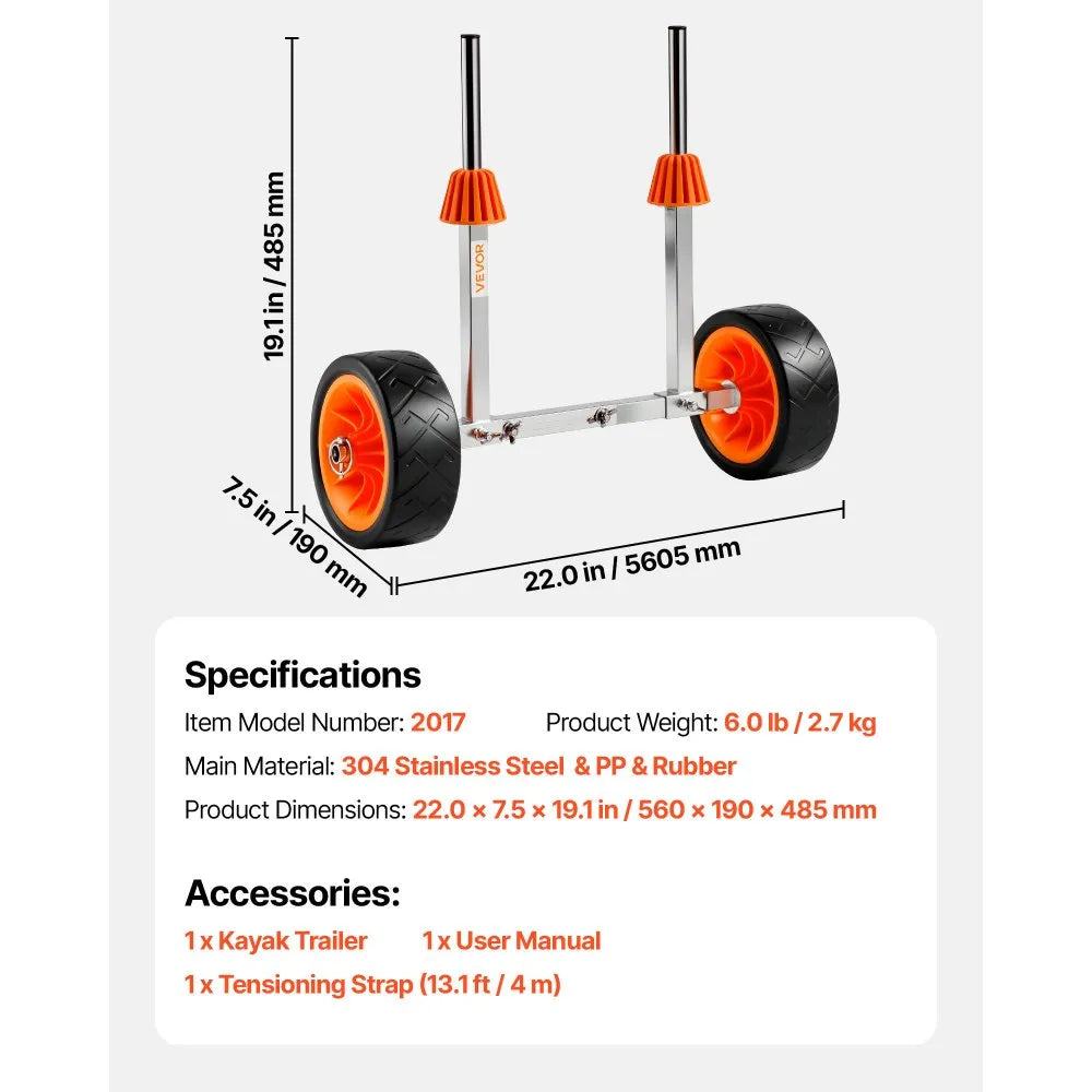 VEVOR Kayak Cart, 250 lbs Load Capacity, Canoe Cart Dolly with 7.5-inch Solid Rubber Tires & Kickstand, Assembles & Disassembles Within Seconds, Paddle Board Trolley for Kayaks, Canoes, Paddleboards