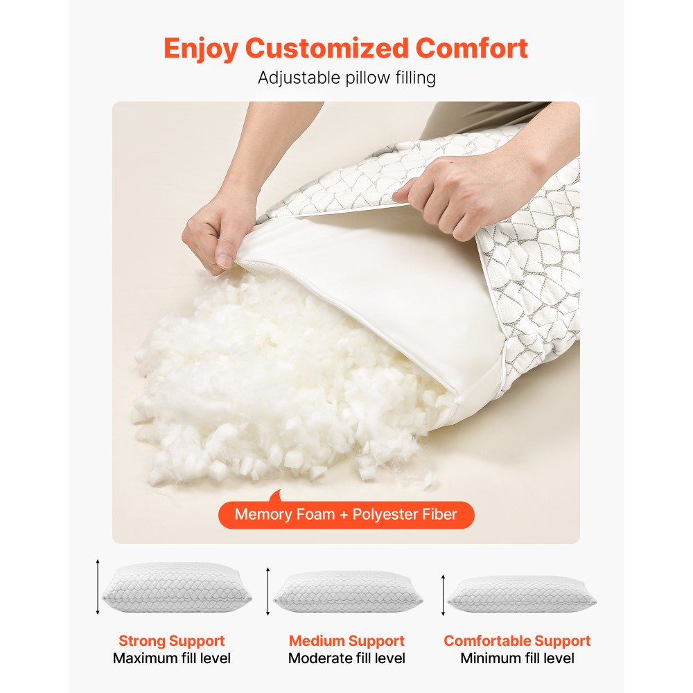 VEVOR Bed Pillow for Sleeping, King Size Luxury Quality Hotel Pillow with Memory Foam Fill, Supportive & Adjustable, Includes Natural Firber Pillowcase, Bedding for Back, Stomach and Side Sleepers