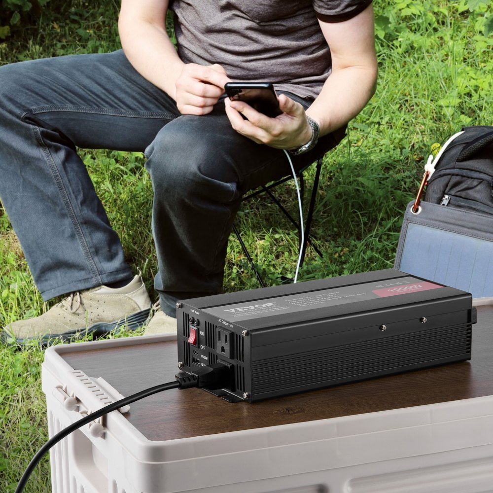 VEVOR Sine Wave Converter, 1000W, DC 12V to AC 120V, with Dual AC Sockets, 1 USB, 1 Type-C, Remote Operation for Portable Electronics, CE FCC Approved