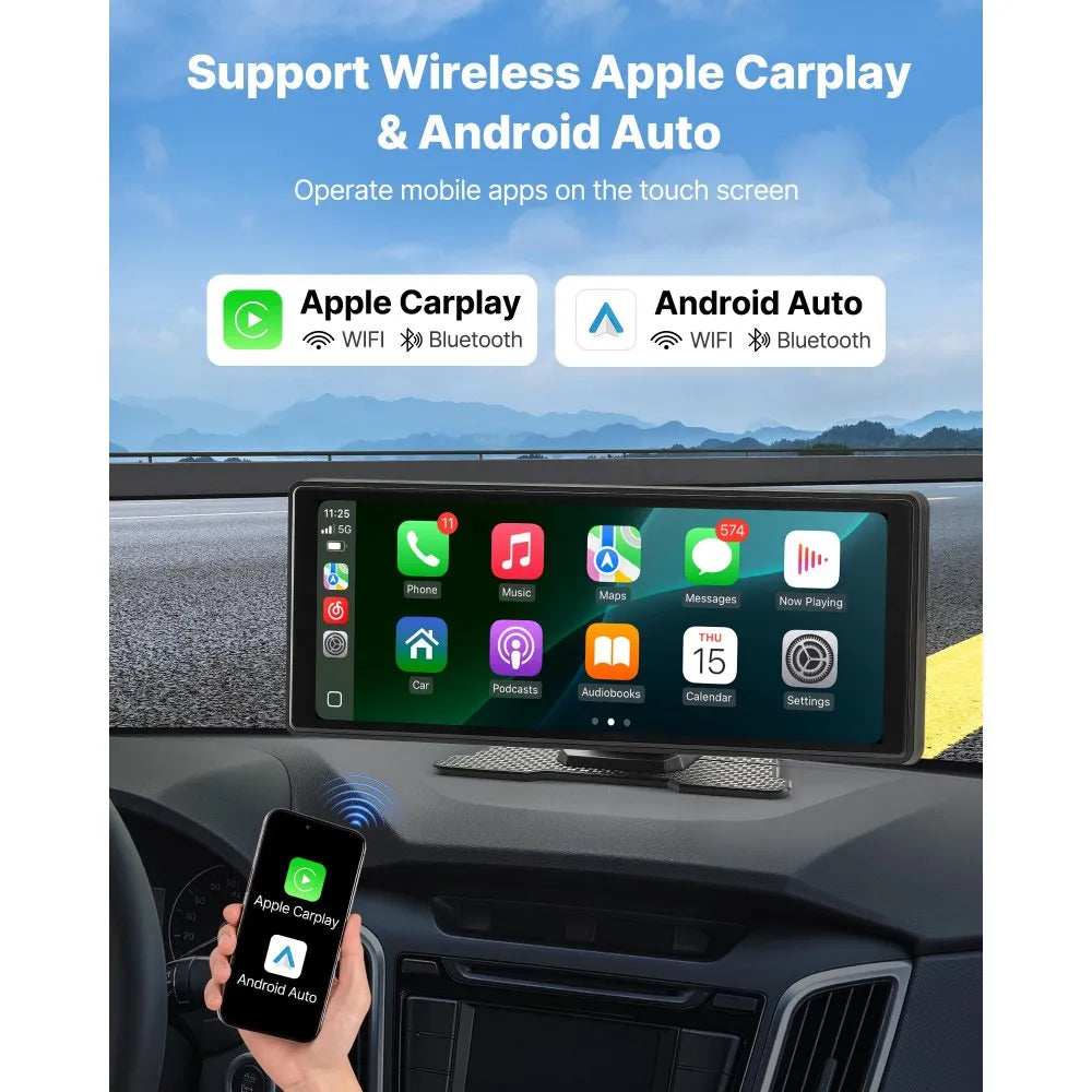 VEVOR Wireless Car Stereo, 10-Inch HD Portable Radio Touch Screen Compatible with Apple CarPlay and Android Auto, CarPlay Screen for Car with Voice Control, Mirror Link, Bluetooth, GPS Navigation