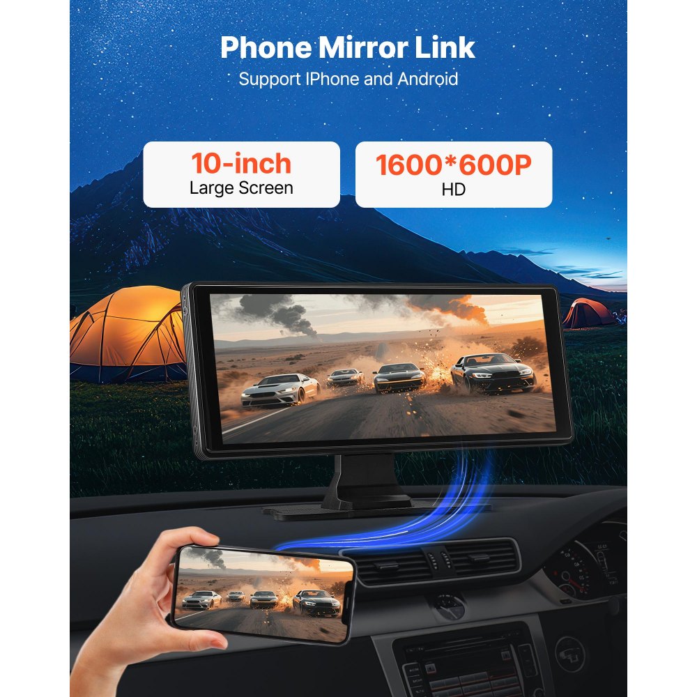 VEVOR Wireless Car Stereo, 10-Inch HD Portable Radio Touch Screen with Apple CarPlay and Android Auto, CarPlay Screen with Front & Backup Cameras, Voice Control, Mirror Link, Bluetooth, GPS Navigation