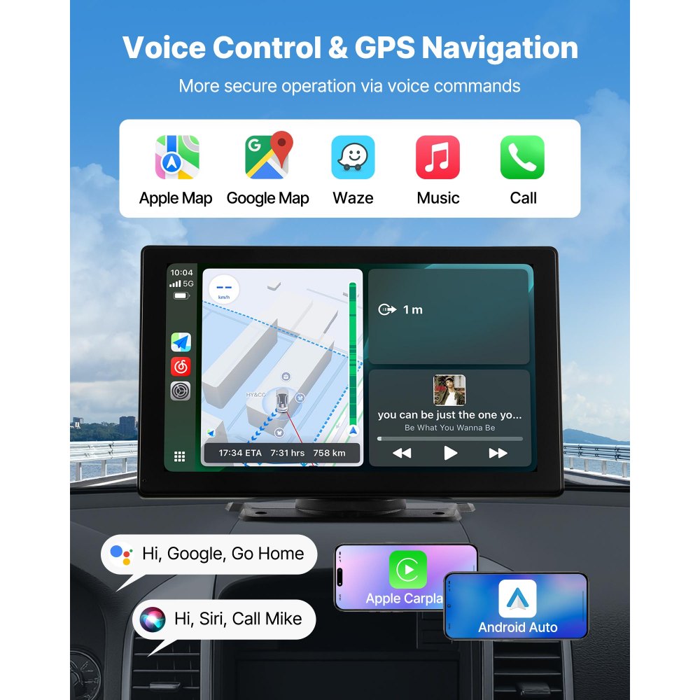VEVOR Wireless Car Stereo, 9-Inch HD Portable Radio Touch Screen Compatible with Apple CarPlay & Android Auto, CarPlay Screen with Backup Camera, Voice Control, Mirror Link, Bluetooth, GPS Navigation