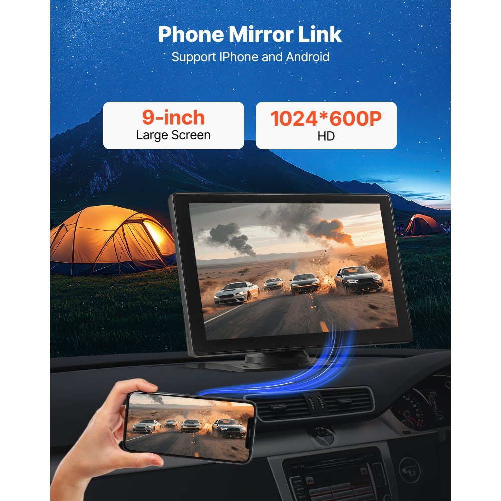 VEVOR Wireless Car Stereo, 9-Inch HD Portable Radio Touch Screen Compatible with Apple CarPlay & Android Auto, CarPlay Screen with Backup Camera, Voice Control, Mirror Link, Bluetooth, GPS Navigation