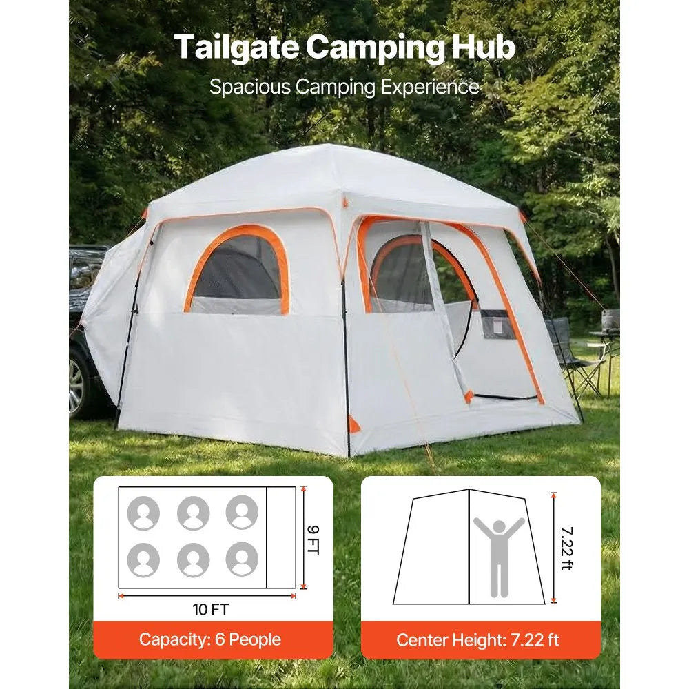 VEVOR Large SUV Tent for 6 Person, 10 x 9 FT 3-Season SUV Tailgate Tent with Ventilated Doors & Mesh Windows, PU2000mm Waterproof Dual-Use Car Rear Hatch Tents for Outdoor Camping Hiking