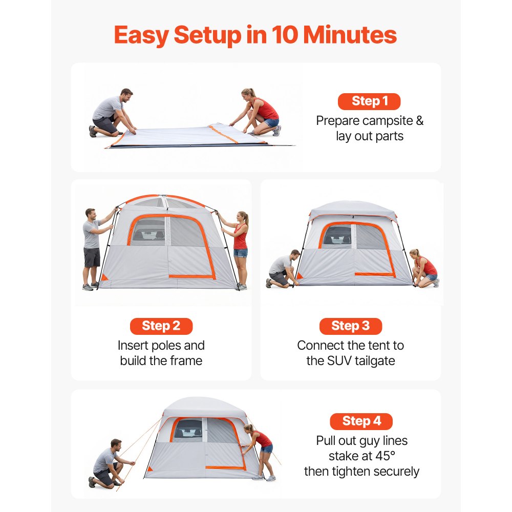 VEVOR Large SUV Tent for 6 Person, 10 x 9 FT 3-Season SUV Tailgate Tent with Ventilated Doors & Mesh Windows, PU2000mm Waterproof Dual-Use Car Rear Hatch Tents for Outdoor Camping Hiking