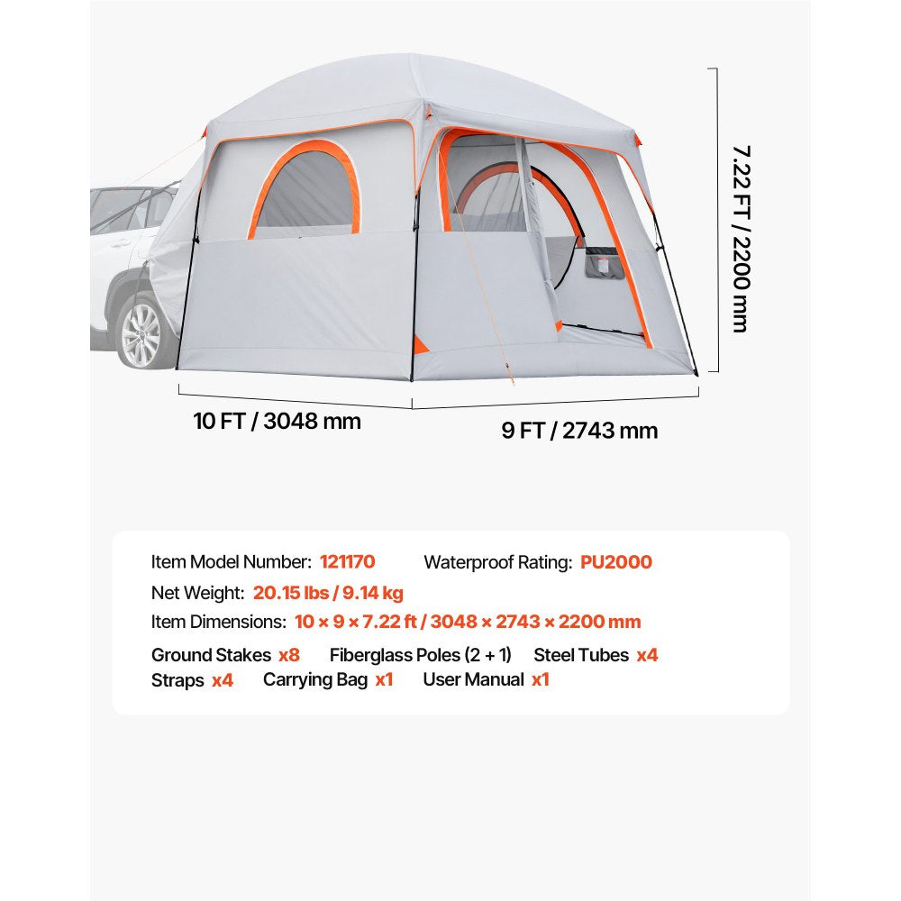 VEVOR Large SUV Tent for 6 Person, 10 x 9 FT 3-Season SUV Tailgate Tent with Ventilated Doors & Mesh Windows, PU2000mm Waterproof Dual-Use Car Rear Hatch Tents for Outdoor Camping Hiking