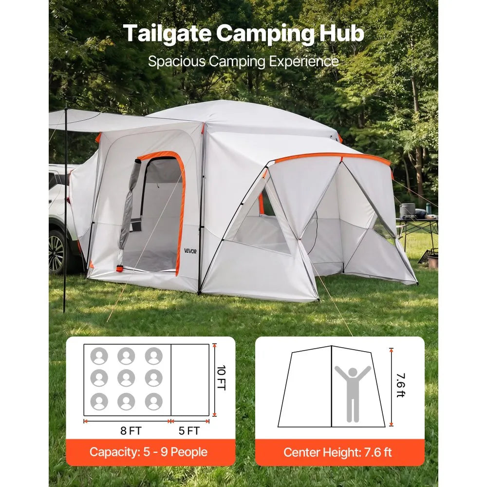 VEVOR SUV Camping Tent for 5-9 Person, 13 x 10 FT 3-Season SUV Tailgate Tent with Ventilated Windows, PU2000mm Waterproof Dual-Use Car Rear Hatch Tents for Outdoor Hiking Travels