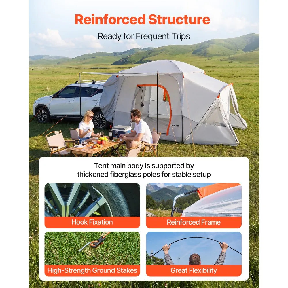 VEVOR SUV Camping Tent for 5-9 Person, 13 x 10 FT 3-Season SUV Tailgate Tent with Ventilated Windows, PU2000mm Waterproof Dual-Use Car Rear Hatch Tents for Outdoor Hiking Travels