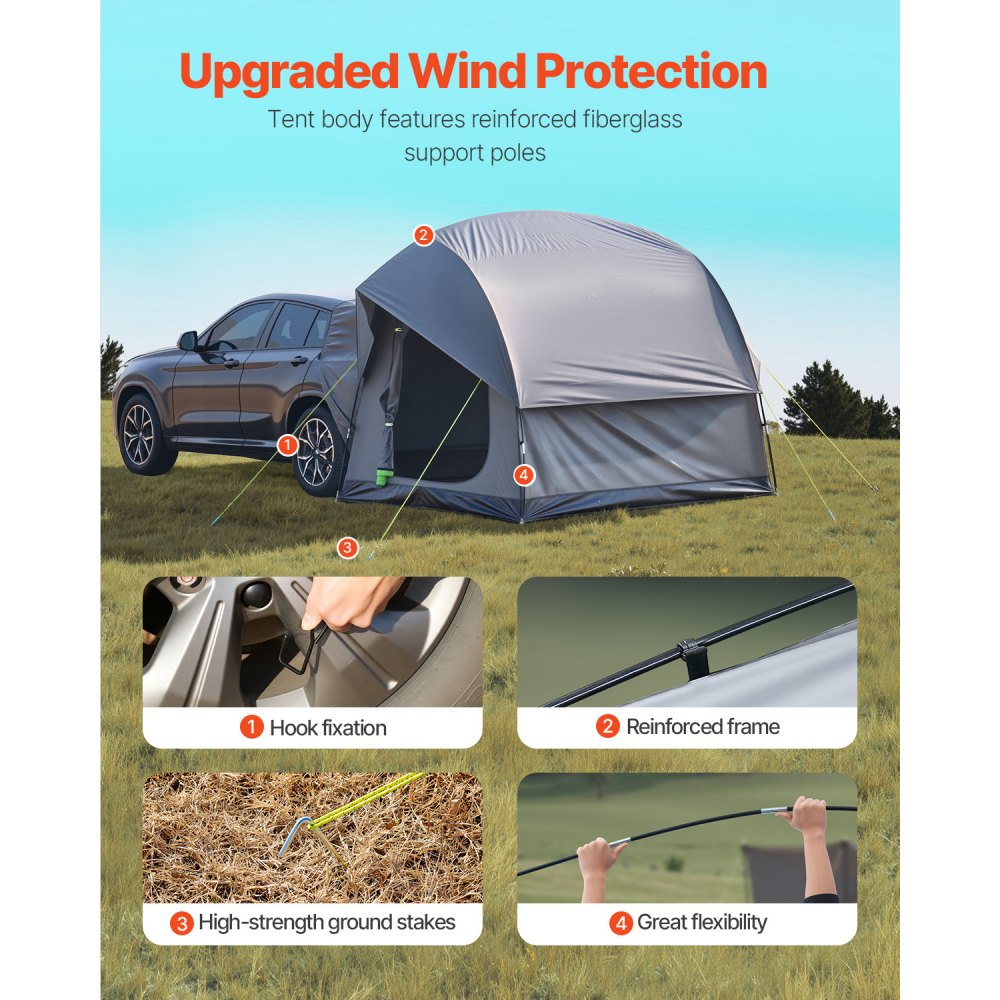 VEVOR SUV Tent for Camping, 8FT L x 8FT W, Waterproof PU2000mm Spacious Double Layer Design for 5-8 Person, SUV Camping Tent with Mesh Windows, Includes Rainfly & Storage Bag, for Outdoor Activities