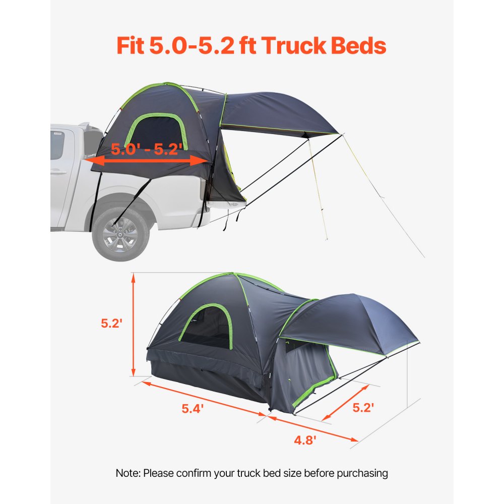 VEVOR Pickup Truck Tent, Fits 5.0-5.2 ft Truck Tents for Camping, Waterproof PU2000 mm 2-3 Person Sleeping Truck Bed Tent, Sturdy Truck Bed Camper Shell with Expandable Awning, Rainfly, Storage Bag