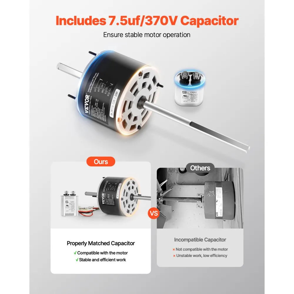 VEVOR 1/3HP RV Air Conditioner Motor with Capacitor, AC115V 3A, 1675 RPM, Replacement for Coleman Mach RV AC Fan Motor, Replaces Fasco D1092, 1468-306, 1468-3068, 1468-3069, 7184-0156, 7184-0432