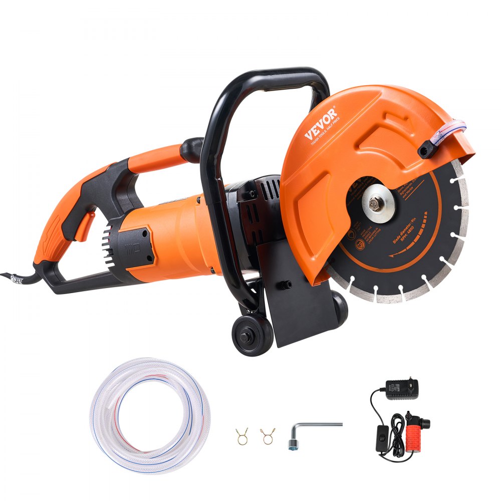 VEVOR Electric Concrete Saw, 9 in, 1800 W Motor Circular Saw Cutter with 3.5 in Cutting Depth, Wet/Dry Disk Saw Cutter Includes Water Line, Pump and Blade, for Stone, Brick