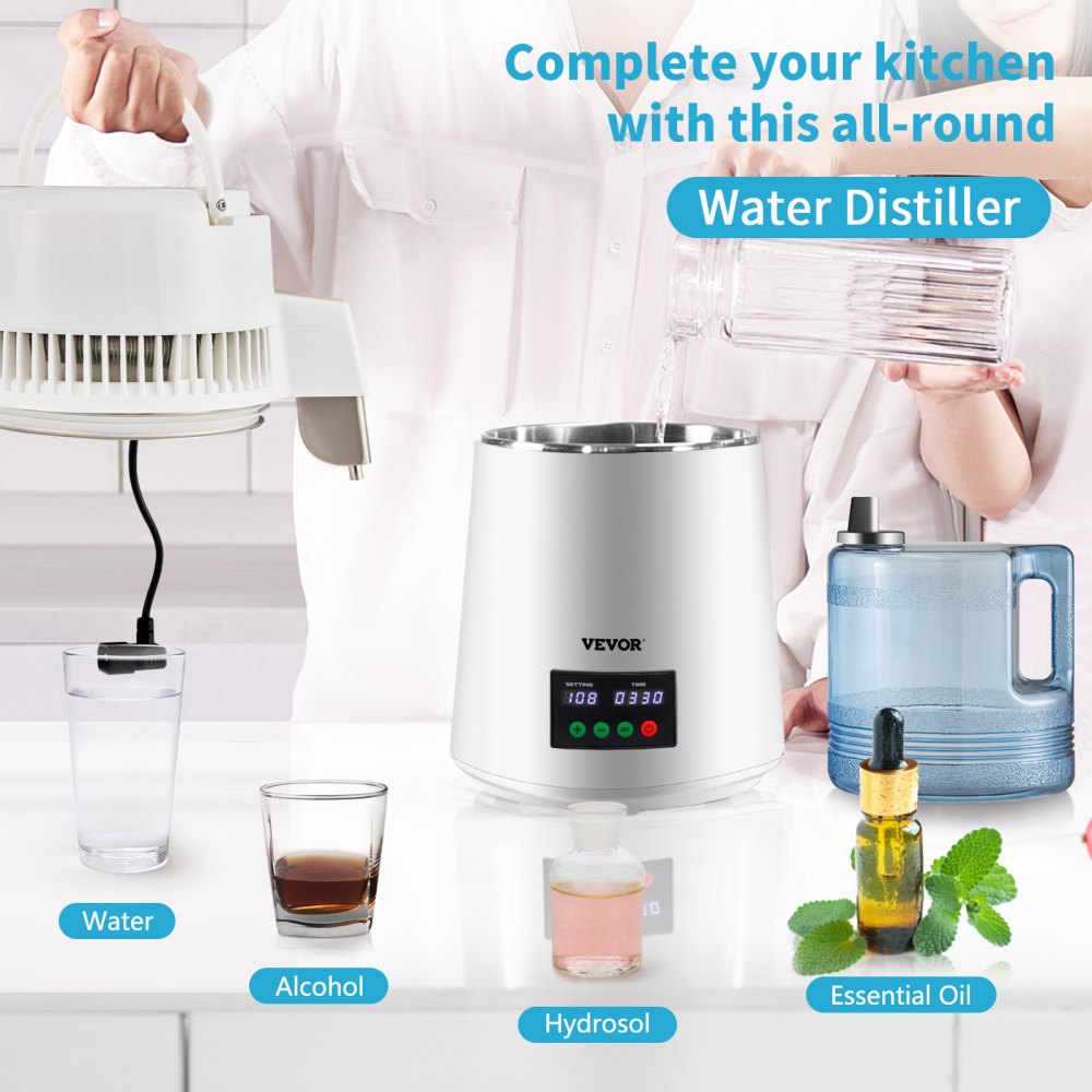 VEVOR 1.1Gal Water Distiller, 0.3Gal/H, 750W Distilled Water Maker Machine 0-99H Timing Set Temp Display, 304 Stainless Steel Countertop Distiller Plastic Carafe Cleaning Powder 3 Carbon Packs, White