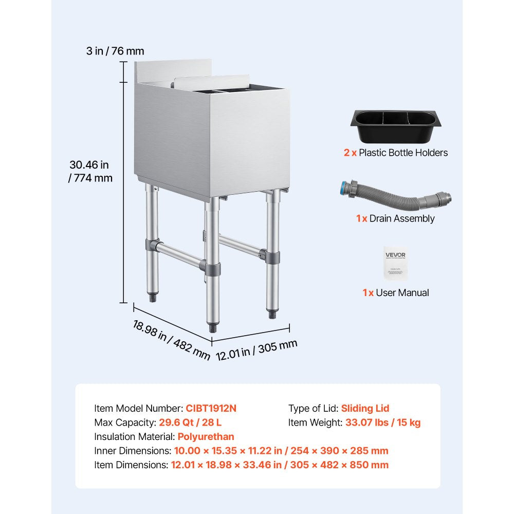 VEVOR Commercial Ice Bin, 29.6 Qt Max Capacity, 12 x 19 x 33 Inch Stainless Steel Ice Chest with Sliding Lid and Bottle Holders, Cooler Cart Cocktail Unit for Bar Restaurant Pub, NSF Certified