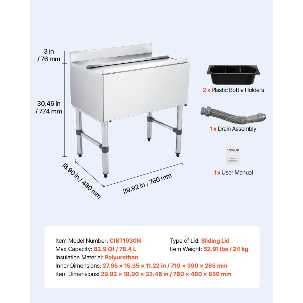 VEVOR Commercial Ice Bin, 82.9 Qt Max Capacity, 30 x 19 x 33 Inch Stainless Steel Ice Chest with Sliding Lid and Bottle Holders, Cooler Cart Cocktail Unit for Bar Restaurant Pub, NSF Certified