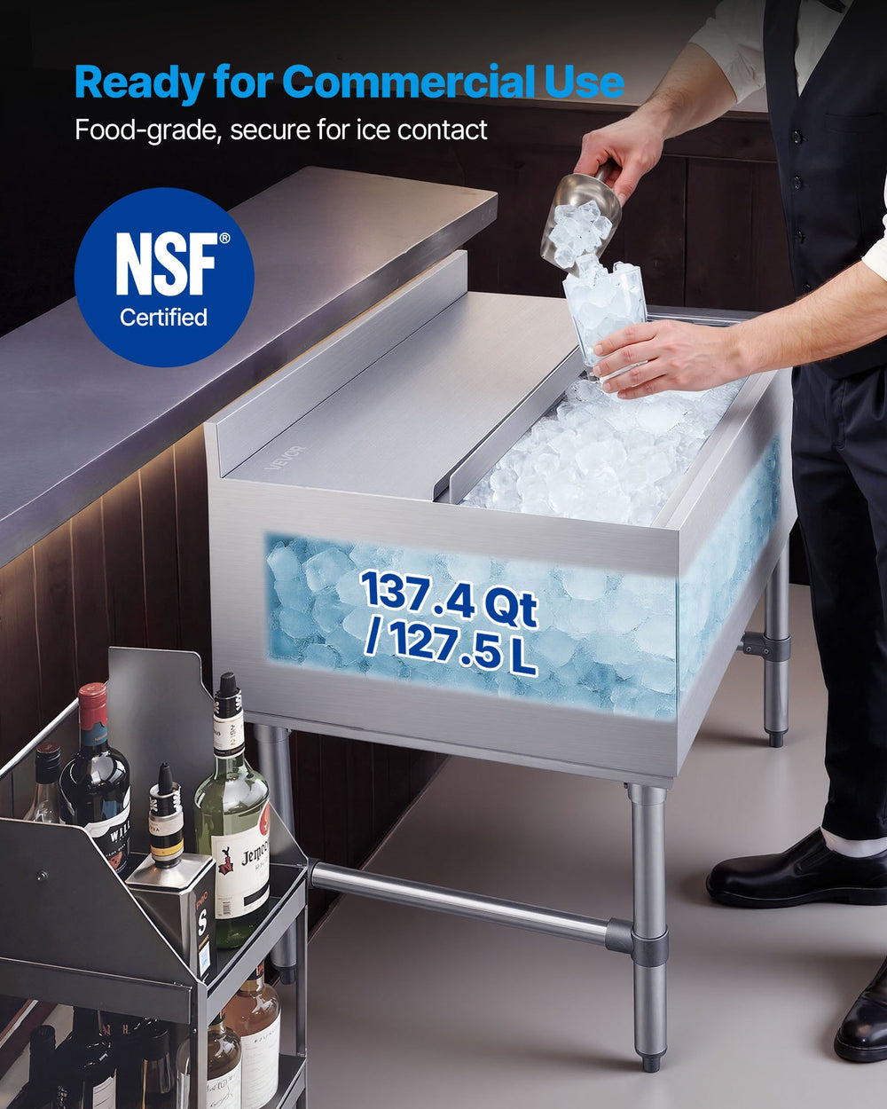 VEVOR commercial ice bin in use showing NSF certified and large capacity