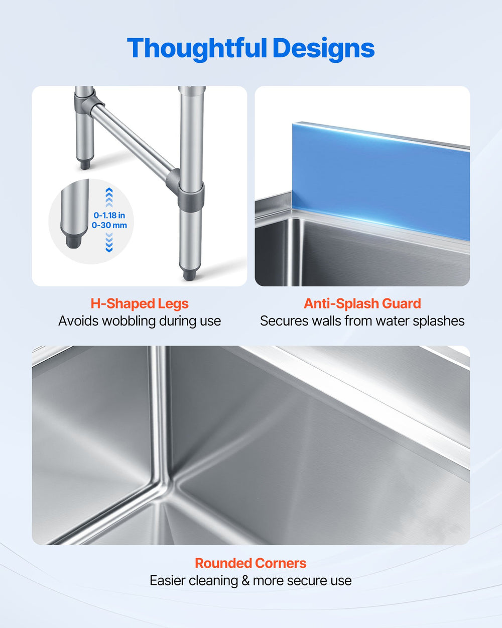 VEVOR commercial ice bin thoughtful designs: H-shaped legs, anti-splash guard, rounded corners
