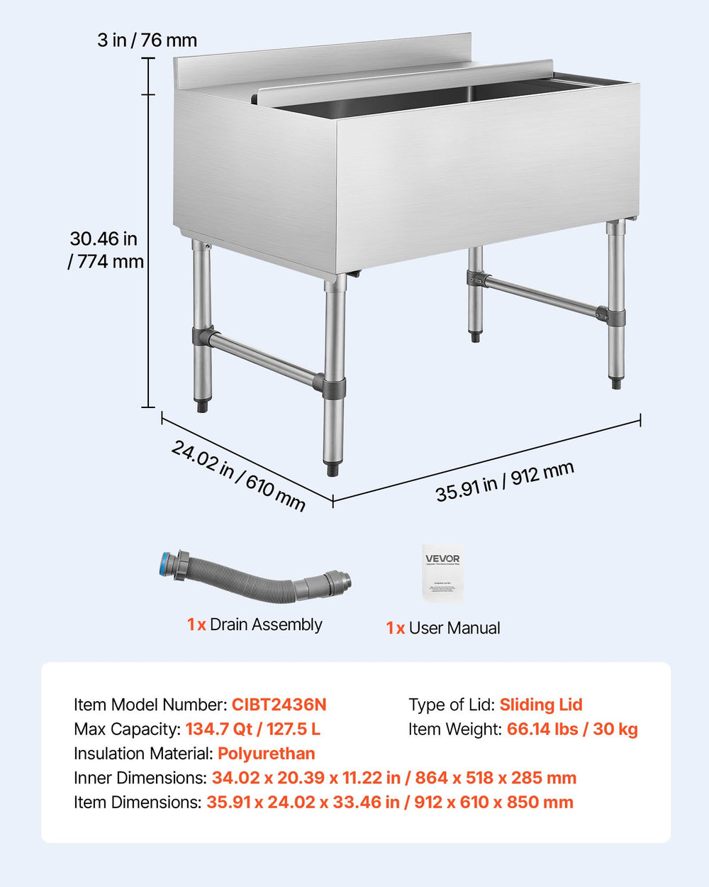 VEVOR commercial ice bin dimensions and included parts (drain assembly, user manual)
