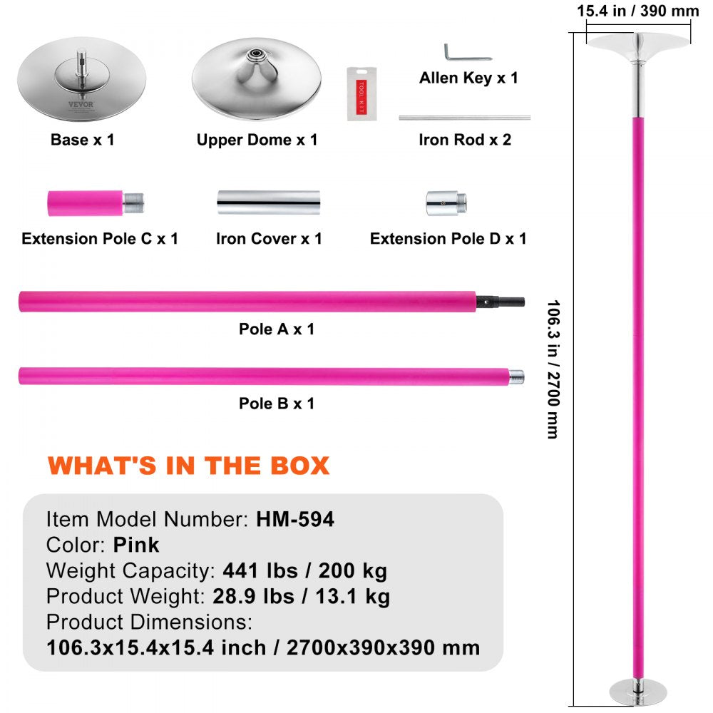 VEVOR Professional Dancing Pole, Spinning Static Dancing Pole Kit, Portable Removable Pole, 40mm Heavy-Duty Stainless Steel Pole, Height Adjustable Fitness Pole, for Exercise Home Club Gym, Pink