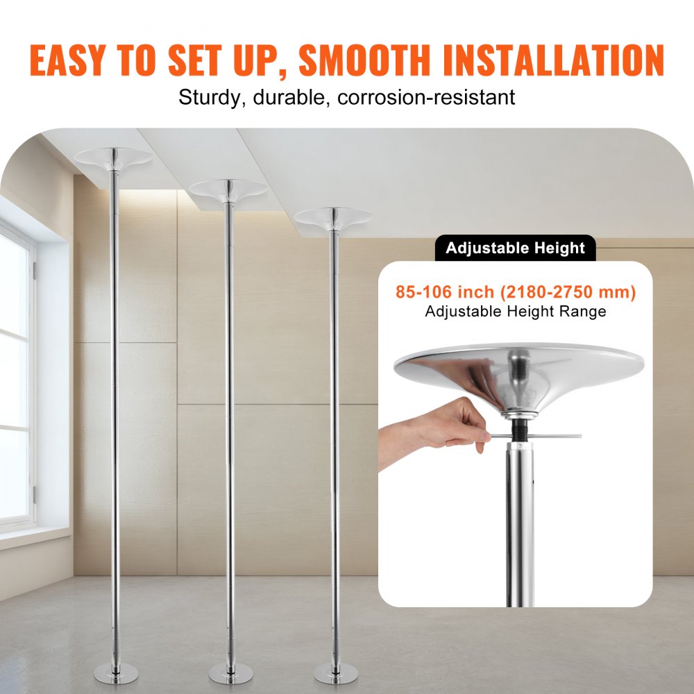 VEVOR Professional Dancing Pole, Spinning Static Dancing Pole Kit, Portable Removable Pole, 45mm Heavy-Duty Stainless Steel Pole, Height Adjustable Fitness Pole, for Exercise Home Club Gym, Silver