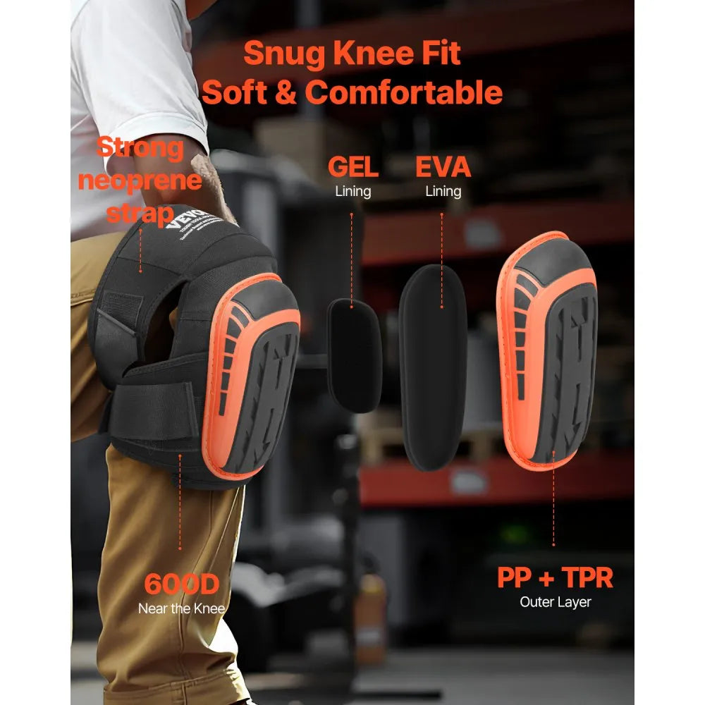 VEVOR Knee Pads for Work, Extended Heavy Duty Construction Knee Pads with 2 Extension Straps, Anti-slip Foam Gel Knee Pads, Men & Women, for Gardening Flooring Roofing and Cleaning, Black and Orange