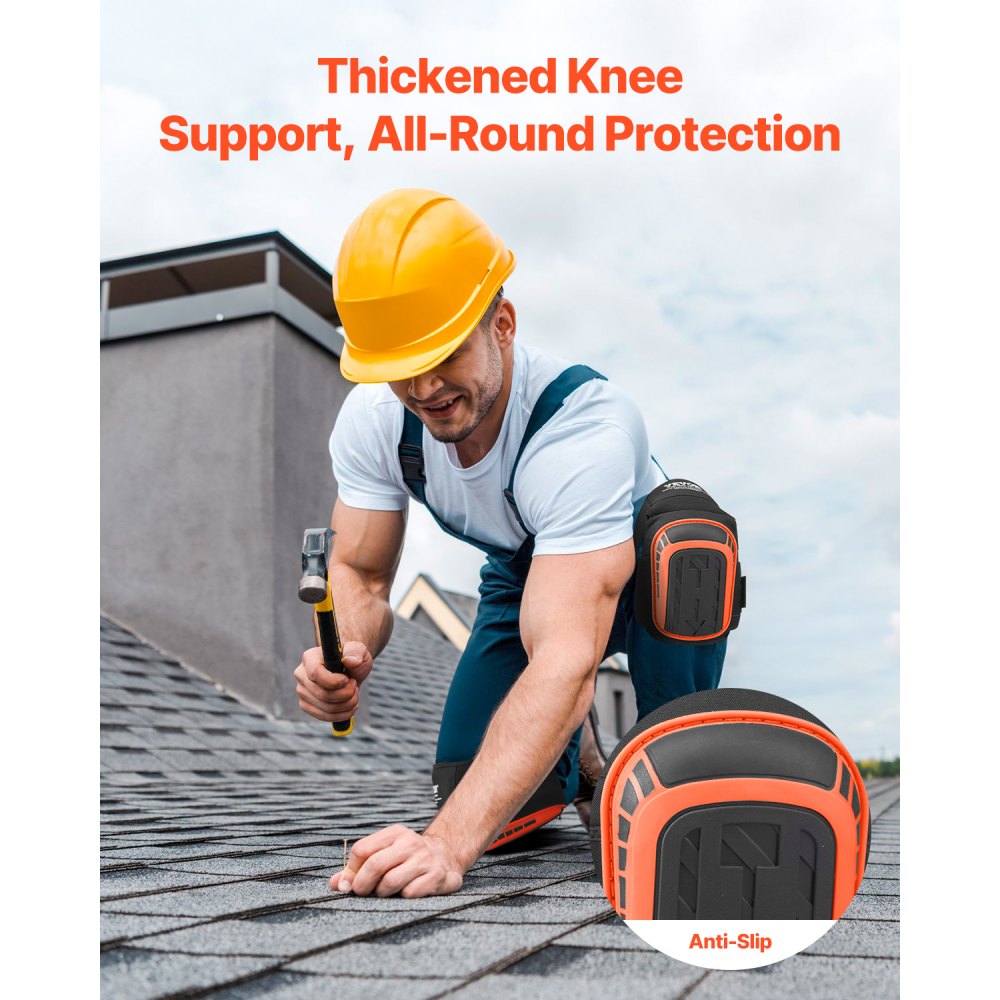 VEVOR Knee Pads for Work, Extended Heavy Duty Construction Knee Pads with 2 Extension Straps, Anti-slip Foam Gel Knee Pads, Men & Women, for Gardening Flooring Roofing and Cleaning, Black and Orange