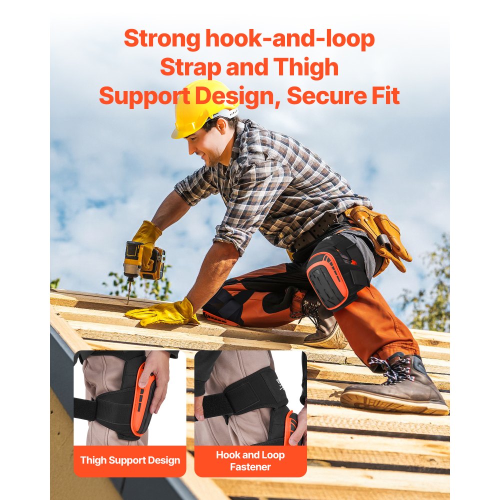 VEVOR Knee Pads for Work, Extended Heavy Duty Construction Knee Pads with 2 Extension Straps, Anti-slip Foam Gel Knee Pads, Men & Women, for Gardening Flooring Roofing and Cleaning, Black and Orange