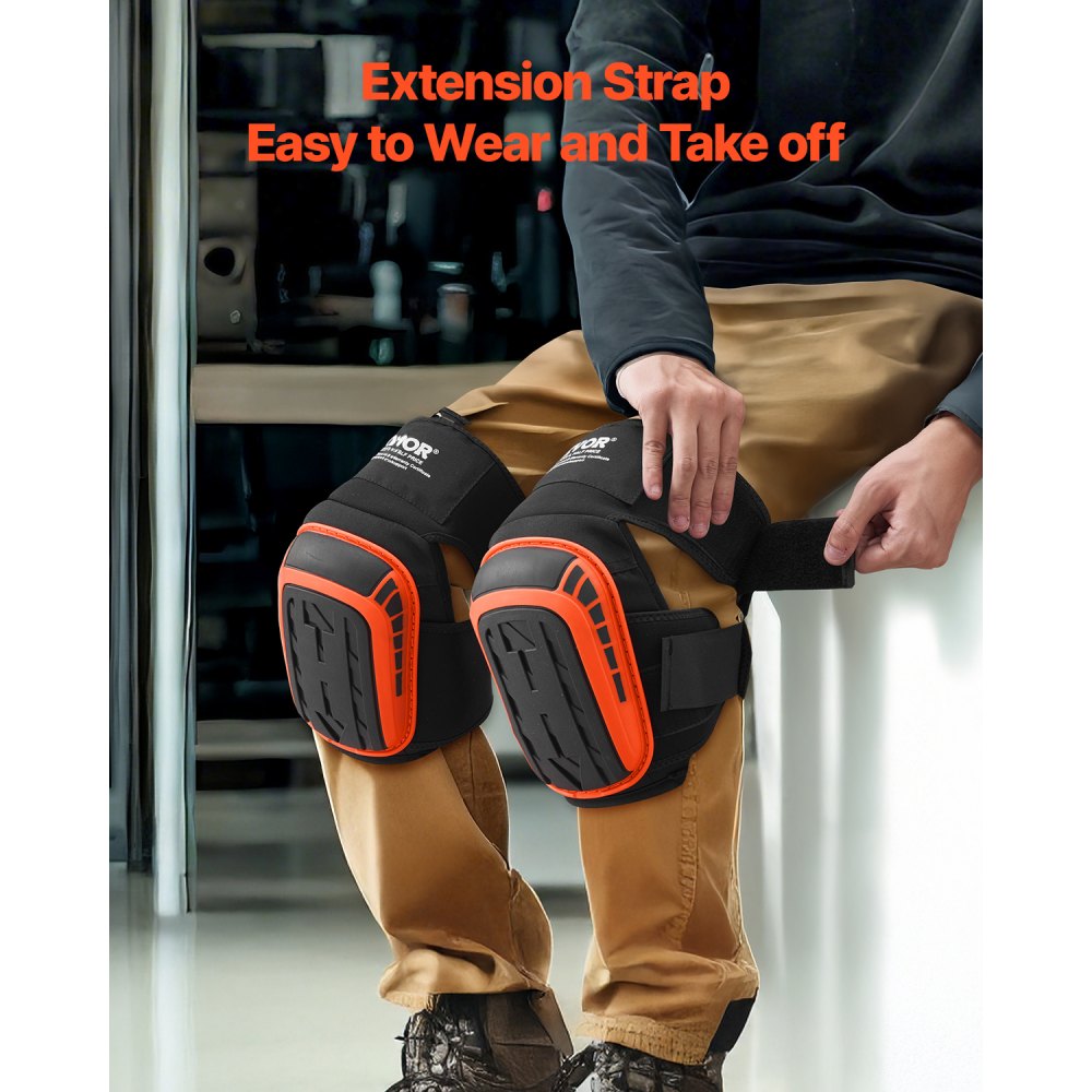 VEVOR Knee Pads for Work, Extended Heavy Duty Construction Knee Pads with 2 Extension Straps, Anti-slip Foam Gel Knee Pads, Men & Women, for Gardening Flooring Roofing and Cleaning, Black and Orange