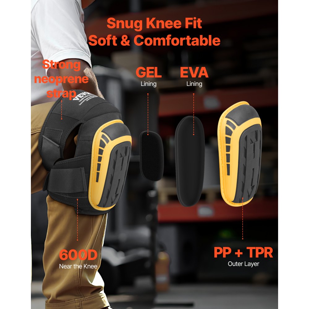 VEVOR Knee Pads for Work, Extended Heavy Duty Construction Knee Pads with 2 Extension Straps, Anti-slip Foam Gel Knee Pads, Men & Women, for Gardening Flooring Roofing and Cleaning, Yellow and Black