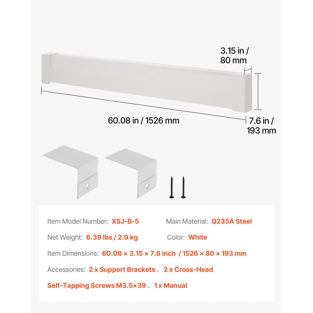 VEVOR Baseboard Heater Covers, Basic Series 5 ft Standard Electric Heating Unit Front Cover for Home Improvement, Heavy-duty Steel, Easy Installation for Bedroom Replacing Old Cover, White