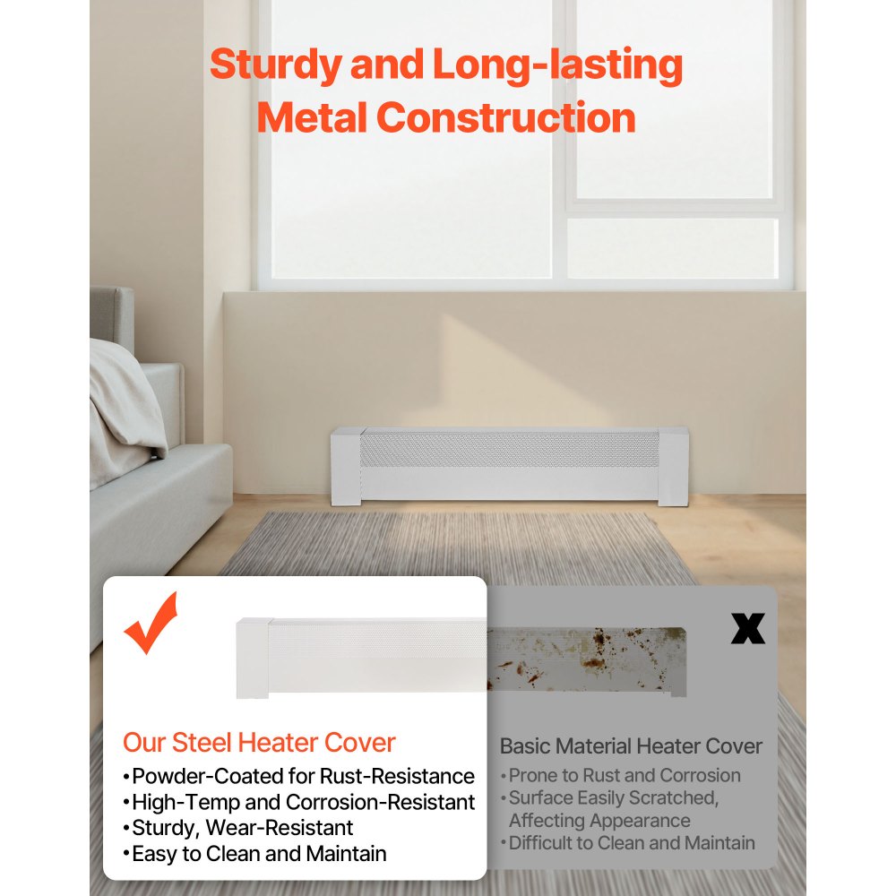 VEVOR Baseboard Heater Covers, Basic Series 3 ft Standard Electric Heating Unit Front Cover for Home Improvement, Heavy-duty Steel, Easy Installation for Bedroom Replacing Old Cover, White