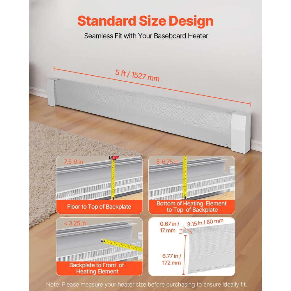 VEVOR Baseboard Heater Covers, Premium Series 5 ft Standard Electric Heating Unit Front Cover for Home Improvement, Heavy-duty Steel, Easy Installation for Bedroom Replacing Old Cover, White