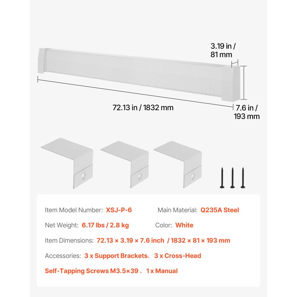 VEVOR Baseboard Heater Covers, Premium Series 6 ft Standard Electric Heating Unit Front Cover for Home Improvement, Heavy-duty Steel, Easy Installation for Bedroom Replacing Old Cover, White