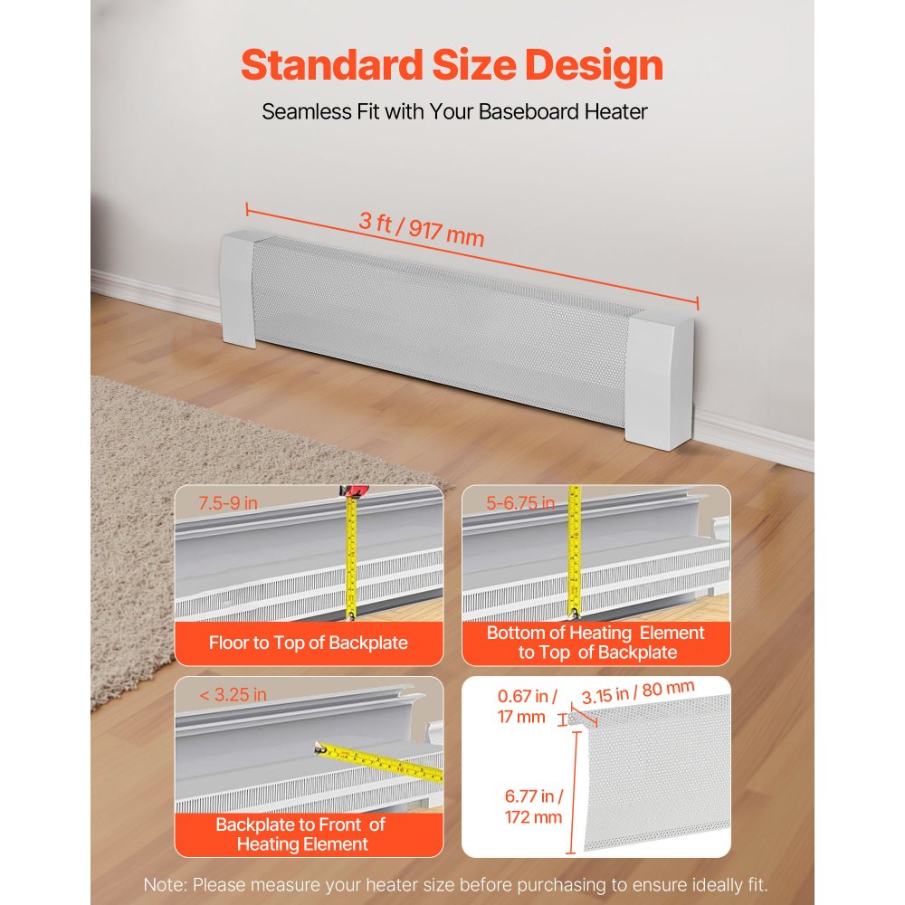 VEVOR Baseboard Heater Covers, Premium Series 3 ft Standard Electric Heating Unit Front Cover for Home Improvement, Heavy-duty Steel, Easy Installation for Bedroom Replacing Old Cover, White