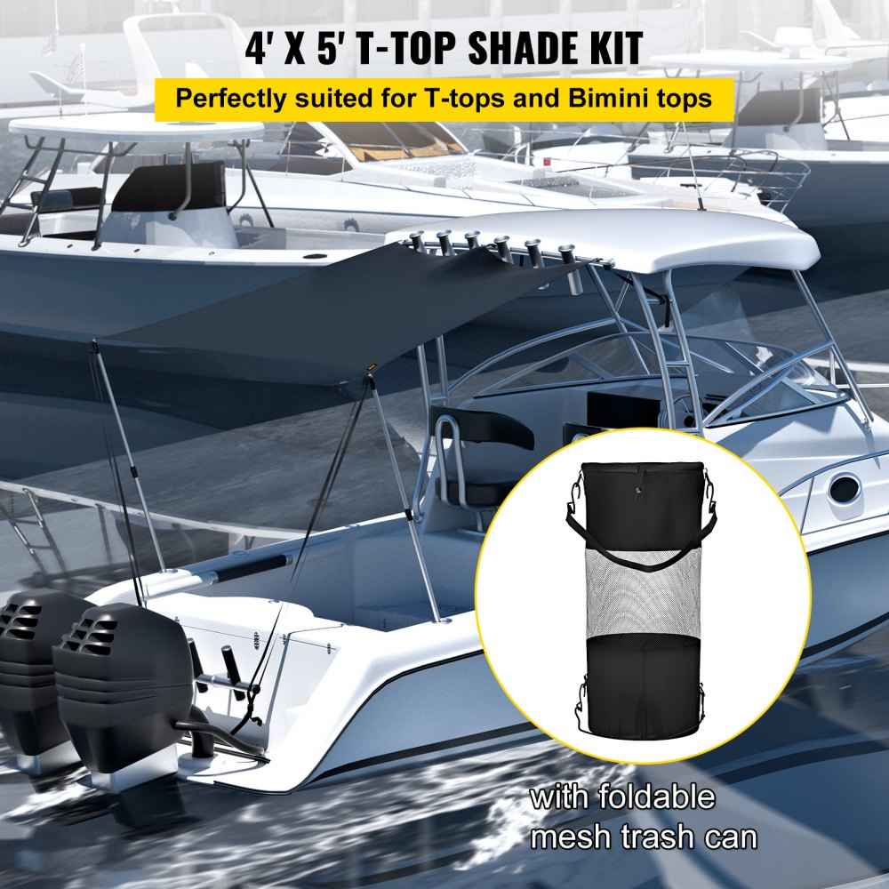 VEVOR T-Top Sun Shade Kit 4\' x 5\', UV-Proof 600D Polyester T-top Extension Kit with Rustproof Steel Telescopic Poles, Waterproof T-Top Shade Kit, Easy to Assemble for T-Tops ＆ Bimini Top