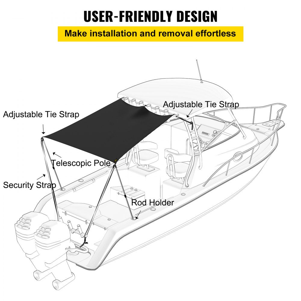 VEVOR T-Top Sun Shade Kit 4\' x 5\', UV-Proof 600D Polyester T-top Extension Kit with Rustproof Steel Telescopic Poles, Waterproof T-Top Shade Kit, Easy to Assemble for T-Tops ＆ Bimini Top