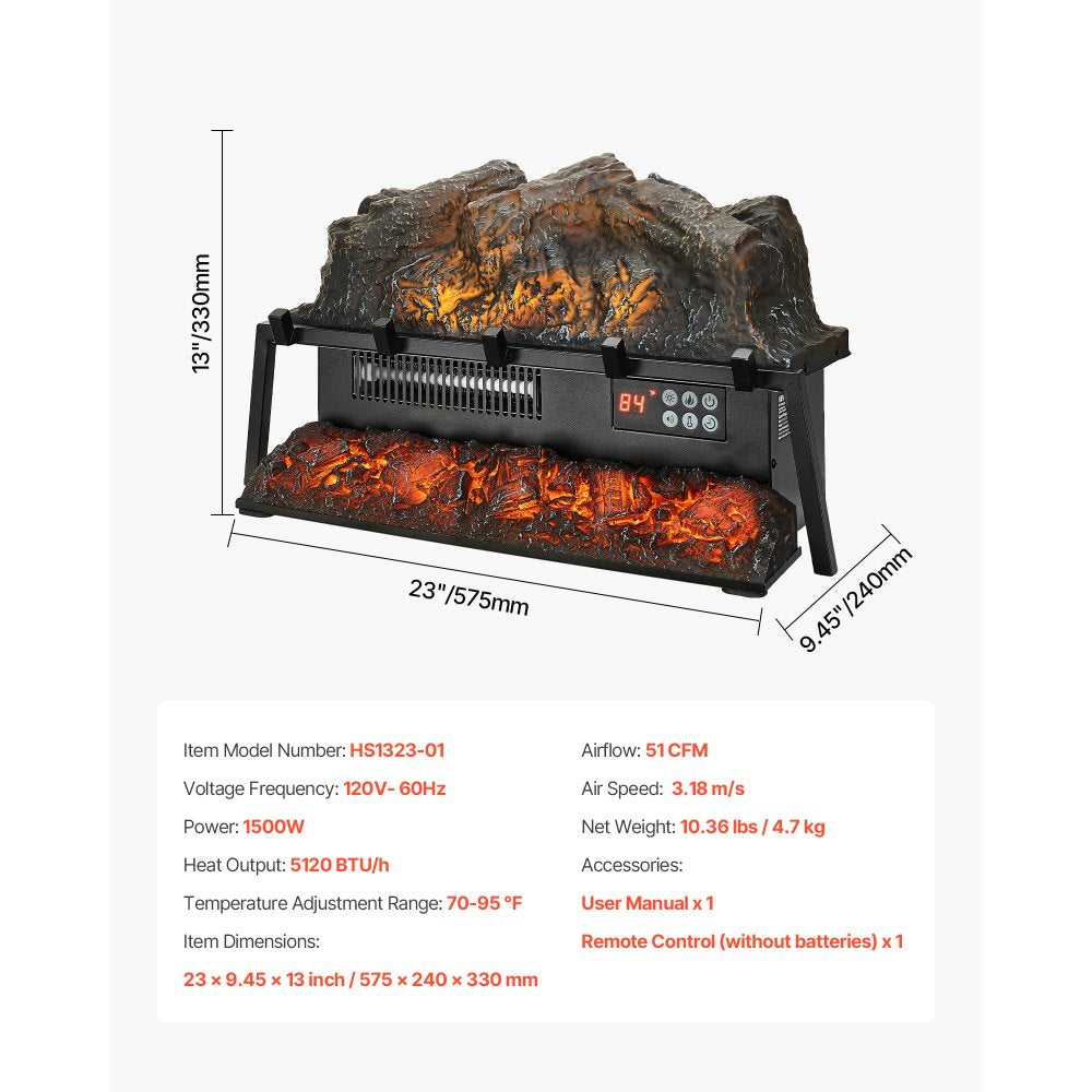 VEVOR Electric Fireplace Log, 23 inch Fireplace Insert Log Heater, with Crackling Sound,Remote Controller, 5 Adjustable Flame Brightness, Timer, Overheat Protection, Thermostat, for Home Decor Black