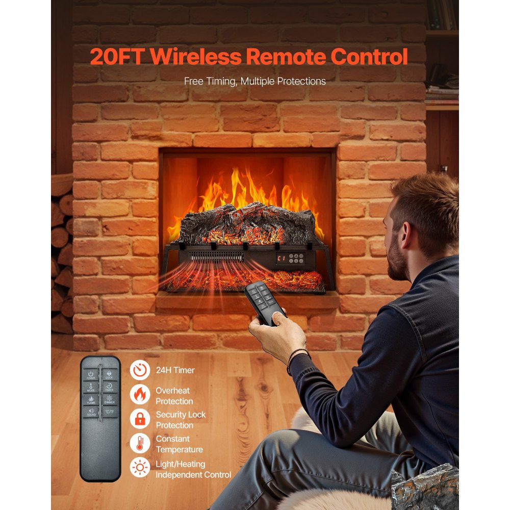 VEVOR Electric Fireplace Log, 25 inch Fireplace Insert Log Heater, with Crackling Sound,Remote Controller, 5 Adjustable Flame Brightness, Timer, Overheat Protection, Thermostat, for Home Decor Black