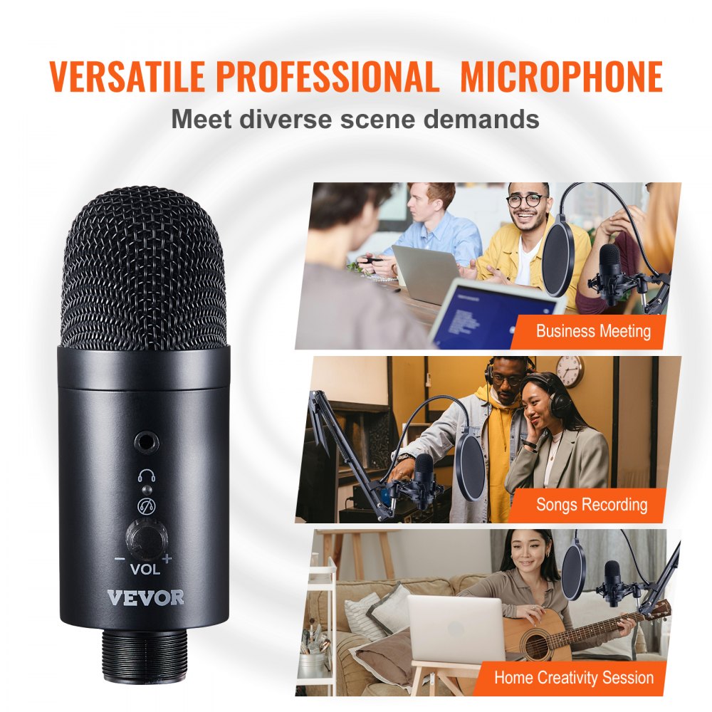 VEVOR USB Microphone, 192kHz/24-bit, Professional Condenser Microphone Kit, with Boom Arm Stand Pop Filter Shock Mount Mute Button Headphones Jack, for Podcast Recording Video Gaming Singing Streaming