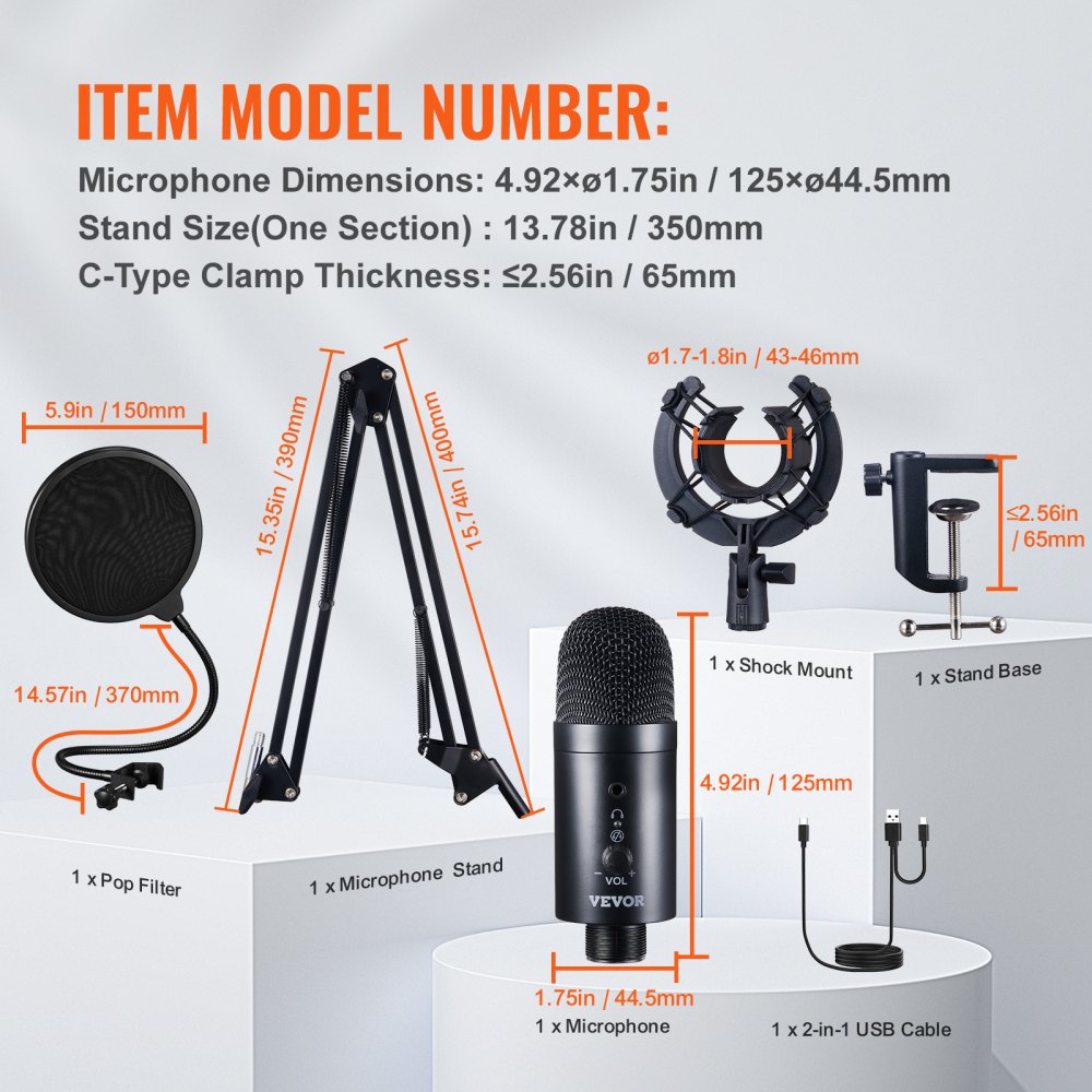 VEVOR USB Microphone, 192kHz/24-bit, Professional Condenser Microphone Kit, with Boom Arm Stand Pop Filter Shock Mount Mute Button Headphones Jack, for Podcast Recording Video Gaming Singing Streaming