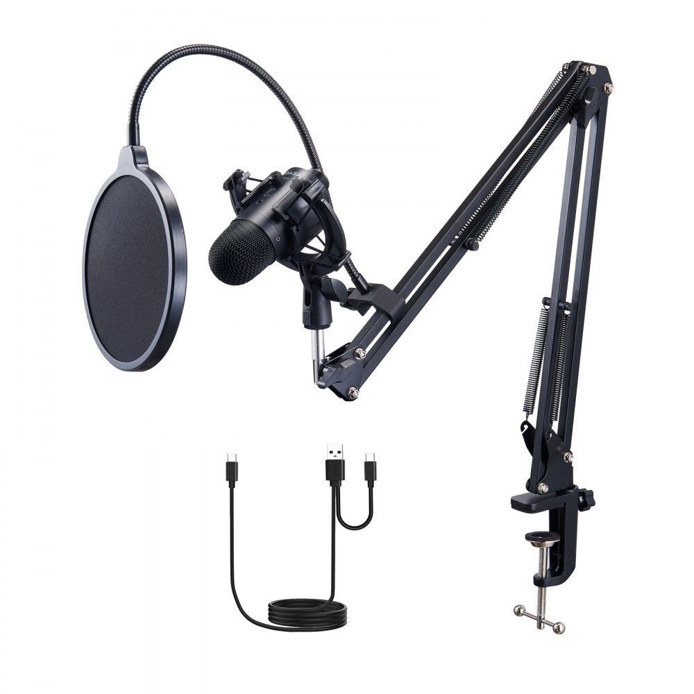 VEVOR USB Microphone, 192kHz/24-bit, Professional Condenser Microphone Kit, with Boom Arm Stand Pop Filter Shock Mount Mute Button Headphones Jack, for Podcast Recording Video Gaming Singing Streaming