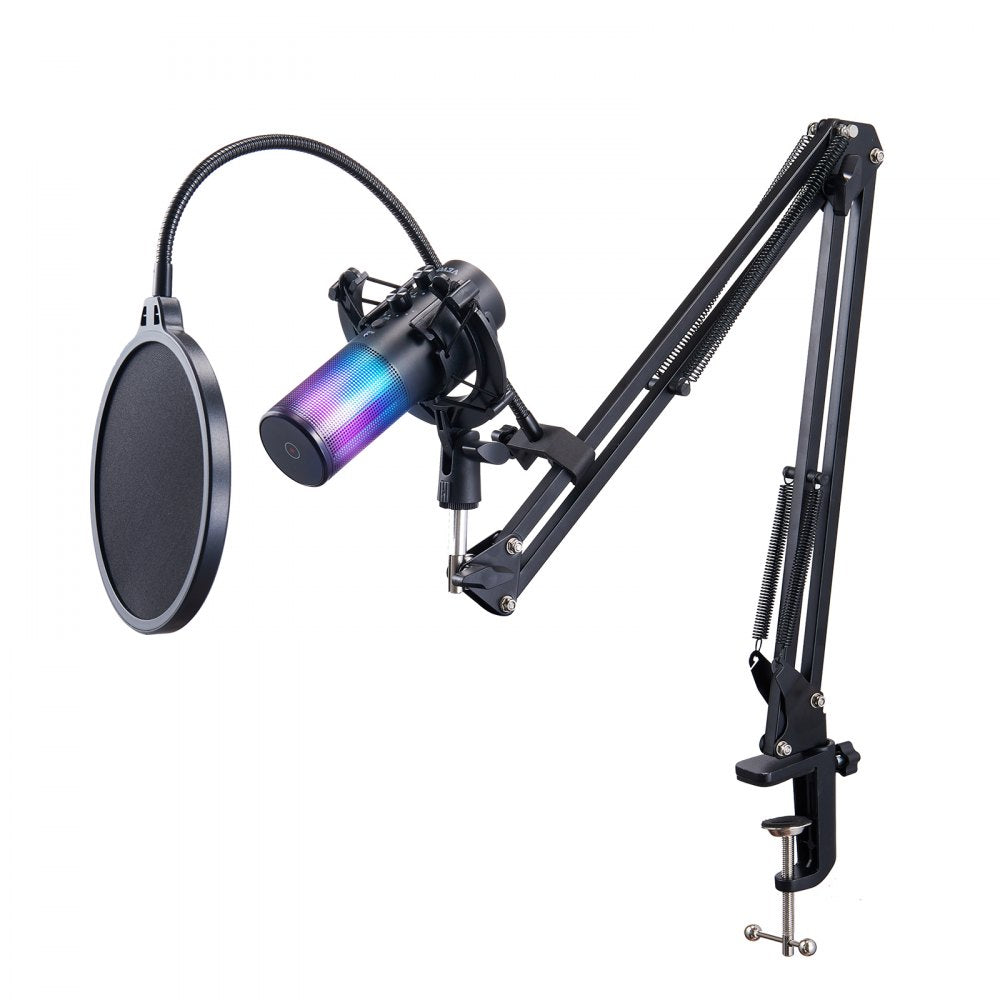 VEVOR USB Microphone, 192 kHz/24-bit, Professional Condenser Microphone Kit with Boom Arm Stand Pop Filter Shock Mount, 11 RGB Lighting Effects Mute Button Headphones Jack for Recording Gaming Singing