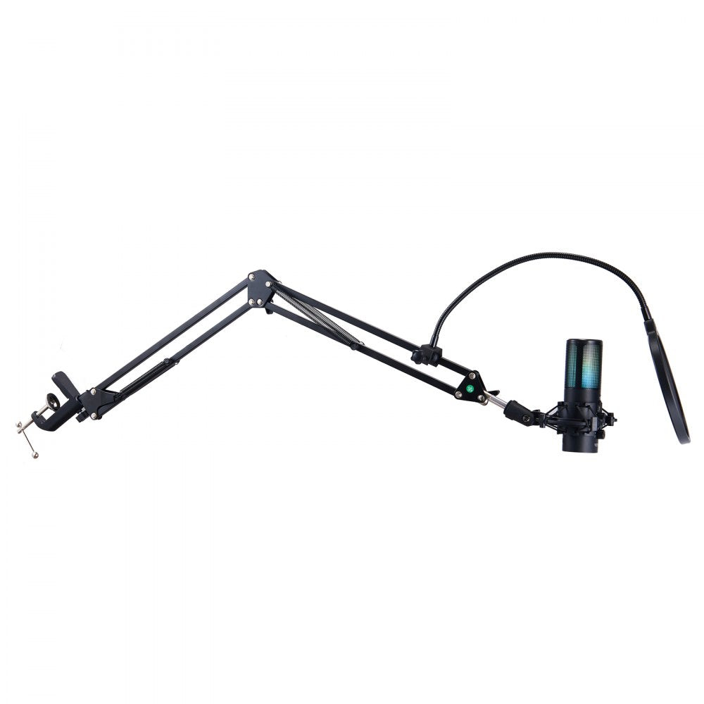 VEVOR USB Microphone, 192 kHz/24-bit, Professional Condenser Microphone Kit with Boom Arm Stand Pop Filter Shock Mount, 11 RGB Lighting Effects Mute Button Headphones Jack for Recording Gaming Singing