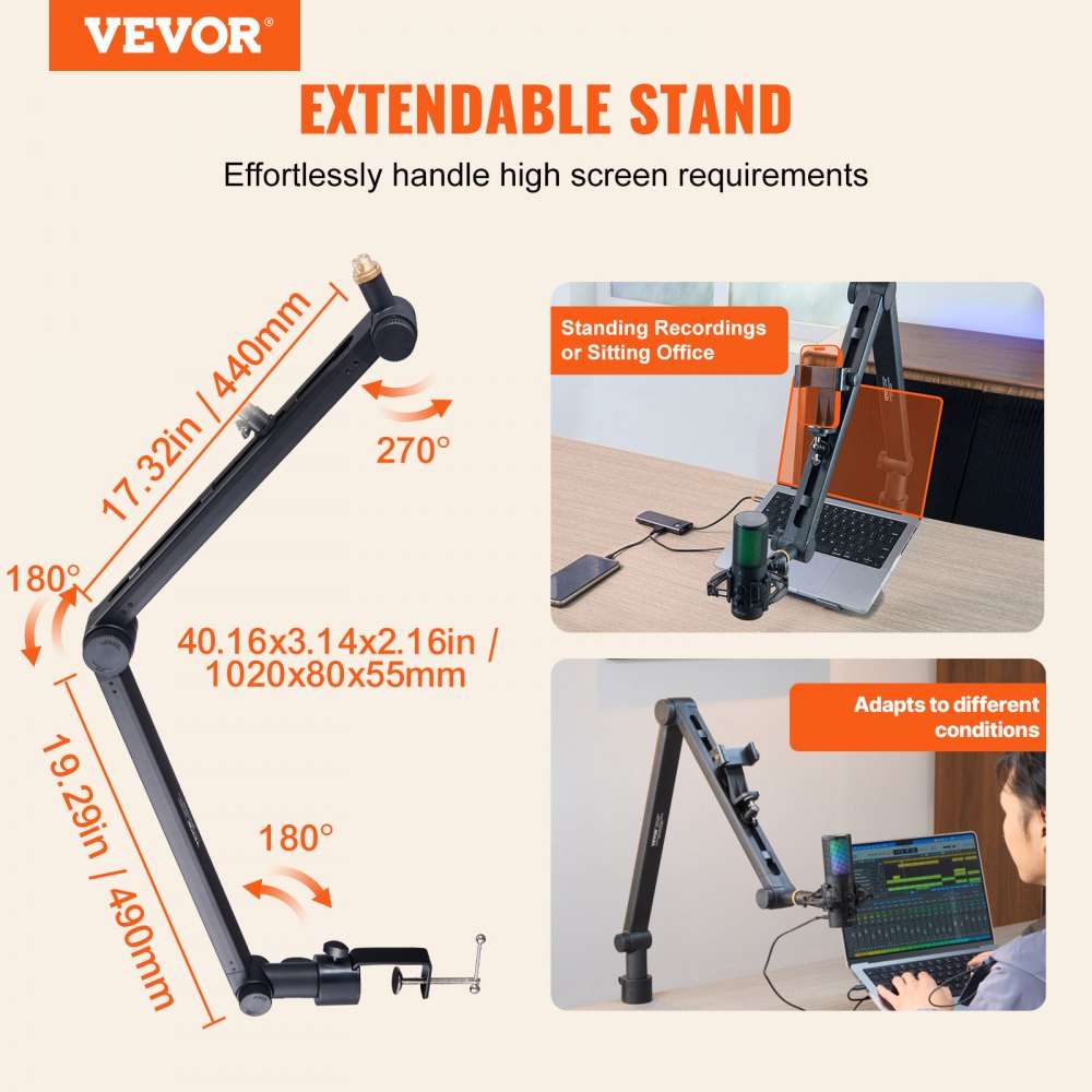 VEVOR Microphone Boom Arm with Desk Mount, 360° Rotatable, Adjustable Mic Stand with 3/8" to 5/8" Adapter Port, for Recording Blue Yeti Hyperx Quadcast Blue Snowball Shure SM7B Audio Technica